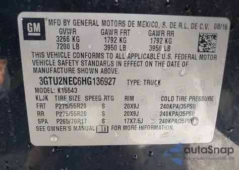 2017 GMC Sierra 1500 Slt from USA, damaged, VIN 3GTU2NEC6HG136927